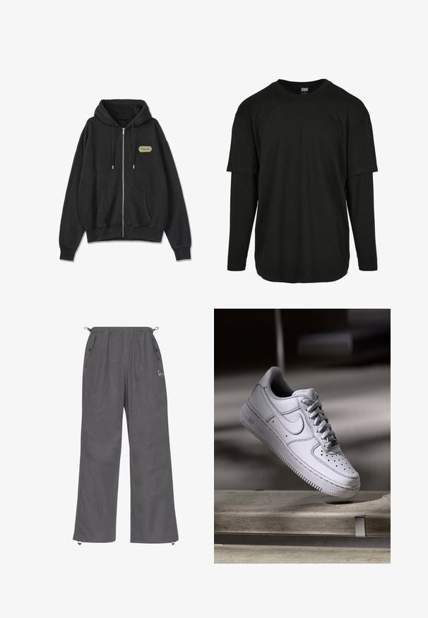 Musta vetoketjullinen huppari, joka on valmistettu pehmeästä kankaasta. Siinä on etupuolella kengurupussi, nyörihuppu ja pieni kultainen etiketti vasemmassa rinnassa.; Urban Classics OVERSIZED SHAPED DOUBLE LAYER LS TEE - Pitkähihainen paita - black/black; Harmaat, leveälahkeat housut pehmeästä kankaasta. Varustettu joustavalla vyötäröllä, sivutaskuilla ja vetoketjullisilla lahkeilla. Yksinkertainen muotoilu vähäisellä yksityiskohdalla.; Valkoinen nahkainen Nike Air Force 1 -tennari, jossa on rei'itetty kärki, litteät nauhat ja kuvioitu kumipohja, jossa on "AIR"-merkintä sivulla.
