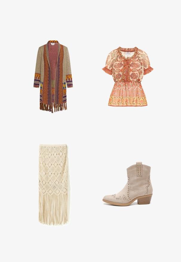 Lang, åben foran strikket cardigan med flerfarvede geometriske mønstre, frynsekant og jordfarver, herunder beige, rød, gul, blå og orange.; Bluse med en samlet halsudskæring og korte ærmer; har et blomster-paisley mønster i orange, hvidt og guldtoner, med en indsnævret talje.; Beige hæklede nederdel i strik med diamantmønstre og solstrålemotiver, med lange frynsetråde langs kanten.; Beige ruskindsankelstøvle med spids tå, dekorativ syning og metalstuds langs kanterne. Har en lav, staplet hæl.