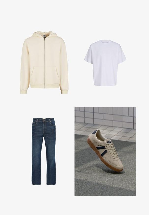 Cremfarbener Zip-Hoodie aus weichem Stoff, mit gefütterter Kapuze, frontalen Taschen und gerippten Bündchen sowie Saum für einen engen Sitz.; Schlichtes weißes oversized T-Shirt mit kurzen Ärmeln, Rundhalsausschnitt und lockerem Sitz vor weißem Hintergrund.; Dunkelblaue Denim-Jeans mit einem geraden Schnitt, fünf Taschen, kontrastierenden Nähten und einem Bund mit einem Metallknopf und Gürtelschlaufen.; Beige Sneaker mit strukturierter Oberfläche, dunkelblauen Streifen und Gummisohle. Verfügt über eine gepolsterte Zunge und ein traditionelles Schnürsystem für einen sicheren Sitz.