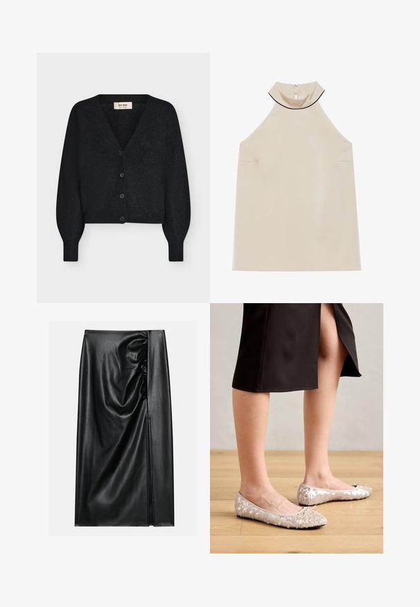 Cardigan court en maille douce noire avec col en V, manches longues bouffantes et quatre boutons sur le devant, présenté sur fond blanc.; Haut halter sans manches beige en tissu lisse avec un col haut et une fermeture éclair au dos, présentant un design minimaliste et sans motifs visibles.; Jupe en cuir noir avec une texture lisse, présentant une section froncée sur un côté et une fente sur le côté pour un détail supplémentaire.; Ballerines en sequins beiges avec un bout rond, ornées d'un accent nœud, associées à une jupe noire, exposées sur un sol en bois.