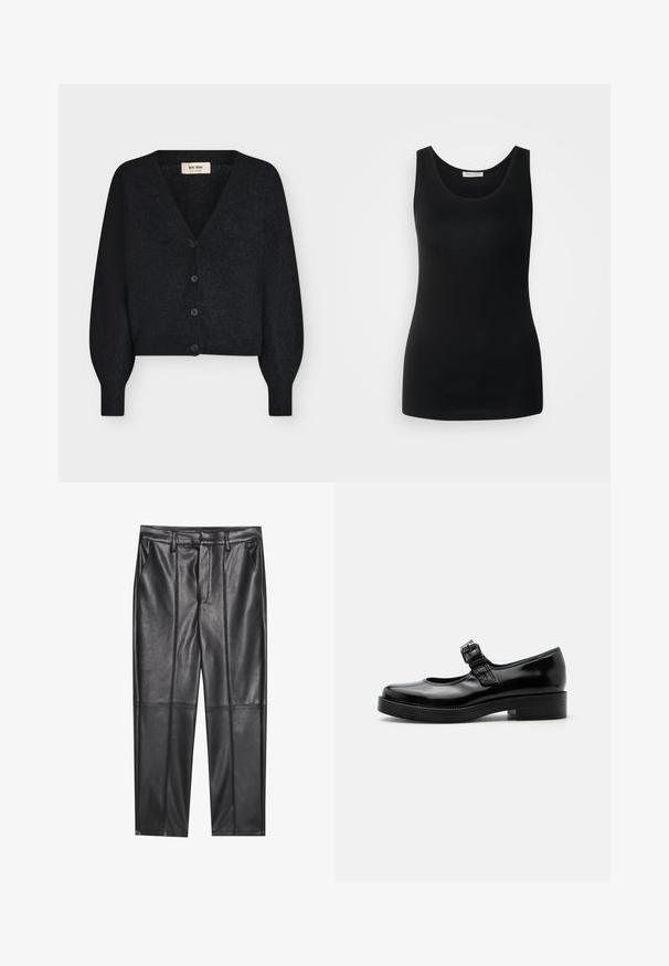 Schwarze weiche, kurze Strickjacke mit V-Ausschnitt, langen gepufften Ärmeln und vier vorderen Knöpfen, auf weißem Hintergrund gezeigt.; Schwarzes ärmelloses Tanktop, aus glattem Stoff, mit klassischem Rundhalsausschnitt und tailliertem Schnitt. Keine Muster oder Akzente.; Schwarze Lederhosen mit glatter Textur, gerader Passform, zwei Fronttaschen und sichtbaren Nahtdetails.; Schwarzer Lackleder Mary Jane Schuh mit abgerundeter Spitze, niedrigem Blockabsatz und verstellbarem Schnallenriemen über dem Spann.