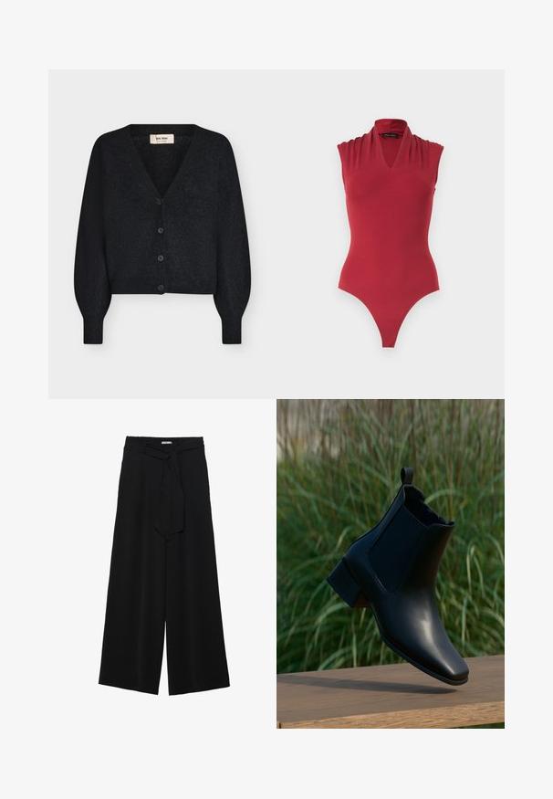 Sort blød strikket cropped cardigan med V-hals, lange puffede ærmer og fire knapper foran, vist på hvid baggrund.; Ærmeløs rød bodystocking med V-hals og opsamlet skulderdetalje, designet til en tætsiddende silhuet.; Sorte vide bukser i en tekstureret stofkvalitet, med elastisk talje og et aftageligt bånd i taljen for justerbar pasform.; Sort læderankelstøvle med blokhæl balanceret på træoverflade, grøn baggrund med højt græs.