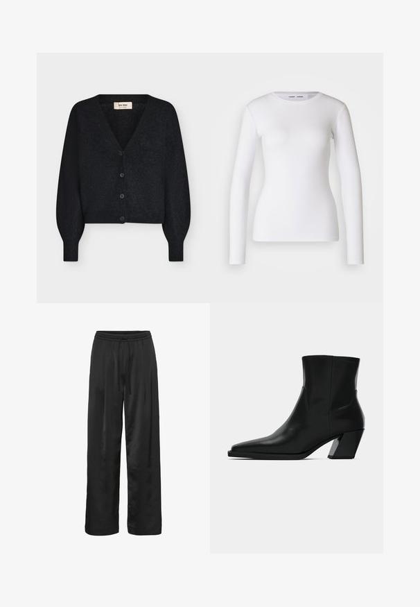 Zwarte zachte gebreide cropped cardigan met V-hals, lange pofmouwen en vier knopen aan de voorkant, getoond op een witte achtergrond.; Witte longsleeve shirt van ribstof, met een ronde halslijn en een getailleerde vorm. Er zijn geen patronen of accenten aanwezig.; Zwarte wijde broek van glad, glanzend materiaal. Voorzien van een elastische tailleband met een koord voor een verstelbare pasvorm.; Zwarte leren enkelboot met een spitse neus, een slanke silhoeet en een chunky vierkante hak. Gladde textuur met minimale stikdetails.