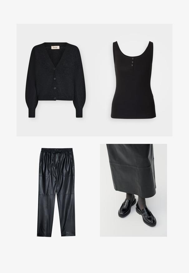 Sort blød strikket cropped cardigan med V-hals, lange puffede ærmer og fire knapper foran, vist på hvid baggrund.; Sort tanktop lavet af ribbet stof, med en rund halsudskæring og tre metal snapknapper ned foran. Glat tekstur, tætsiddende form.; Sorte faux læderbukser med elastisk talje, snoretræk og to frontlommer. Har en løs, tapered pasform og en glat tekstur.; Sorte læder loafers med en glat finish, prydet med en dekorativ rem, rund tå og tekstureret sål. Båret med en lang sort læderskirt.