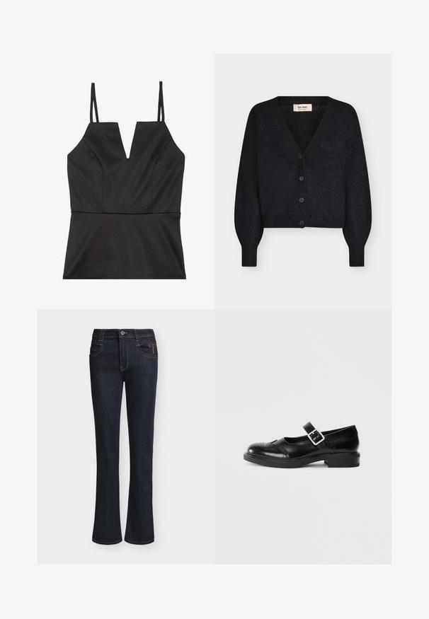 Sort blød strikket cropped cardigan med V-hals, lange puffede ærmer og fire knapper foran, vist på hvid baggrund.; Sort ærmeløs top med V-udskæring, der har en tætsiddende liv, glat tekstur og tynde justerbare stropper.; Mørkeblå denimjeans med lette vide ben, frontknap og lynlåslukning, forlommer og synlige syningsdetaljer.; Sort læder Mary Jane-sko med en lav blokhæl, rund tå, dekorativ brogue-detaljering og en justerbar rem med metalspænde.