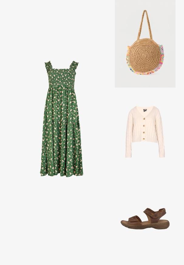 Creme farvet kabelstrikket cardigan med V-hals, fire træknapper foran og ribbede manchetter og kant. Forkortet design.; Grøn maxi kjole med smocket bodice, voluminøse stropper og et blomstermønster med lyserøde blomster. Inkluderer et flerlagsskørt design.; Brune lædersandaler med en polstret sål, to justerbare stropper og en struktureret gummisål. Har synlige syninger.; Rund flettet stråhåndtaske med kort rem og flerfarvede hæklet detaljer rundt kanterne.