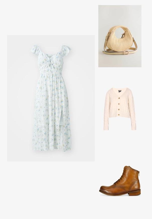 Creme farvet kabelstrikket cardigan med V-hals, fire træknapper foran og ribbede manchetter og kant. Forkortet design.; Lyseblå blomster-maksikjole med korte flæser på ærmerne, smocket bodice og sideslids. Har små grønne og gule blomstermønstre.; Brun læder ankelstøvle med rund tå, snørebånd foran, lynlås i siden og en lav træhælt. Har et diskret præget logo på hælen.; Beige vævet halvmåneformet håndtaske med cirkulært udskåret håndtag og justerbar læder skulderrem på hvid baggrund.