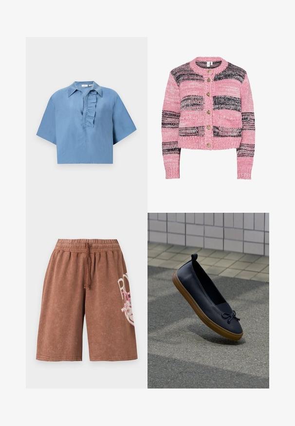 Strikket cardigan med lyserødt og sort stribet mønster, guldtonede knapper, rund halsudskæring og ribstrikkede ærmekanter og kant forneden.; Kortærmet, blå skjorte lavet af glat stof, med knap- down krave og en flæseplade langs fronten. Afkortet design.; Brune knælange shorts med elastisk taljebånd og snøre, med delvis hvid og pink blomstertekst på højre ben.; Sort læder slip-on sko med brun gummisål og bundet sløjfedetalje, svævende over en grå fortov ved siden af en flisebelagt væg.