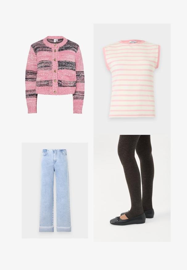 Cardigan en maille présentant un motif rayé rose et noir, boutons dorés, col rond et poignets et ourlet côtelés.; Haut sans manches en maille côtelée rayé crème et rose avec une bordure rose autour du col et des emmanchures.; Jean large bleu clair avec revers roulés et poches avant, présenté sur un fond gris clair uni.; Jambes portant des leggings côtelés foncés associés à des ballerines noires avec de petits détails en nœud sur fond blanc.