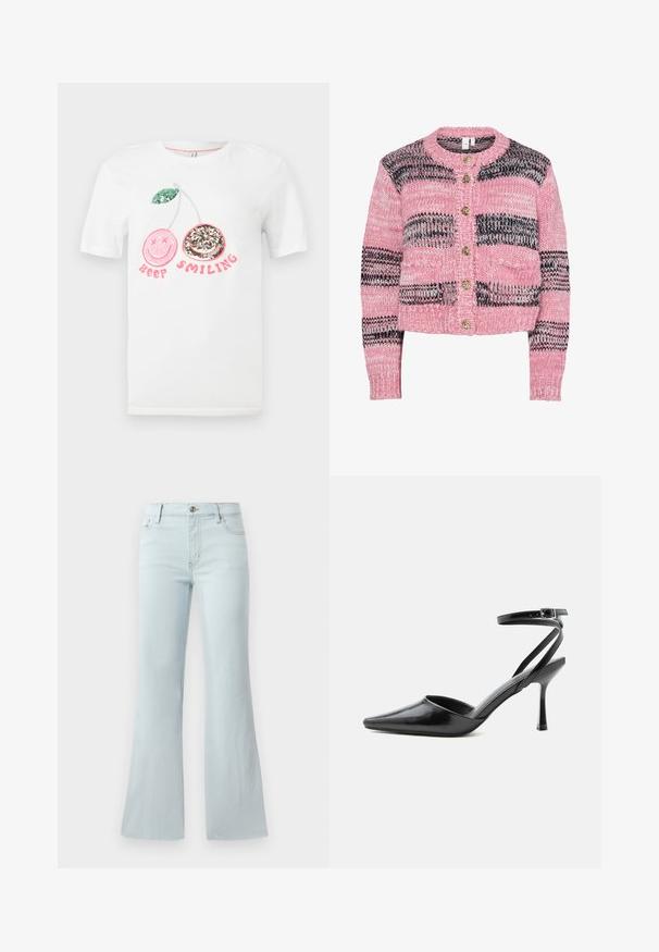 Cardigan en maille présentant un motif rayé rose et noir, boutons dorés, col rond et poignets et ourlet côtelés.; T-shirt blanc avec deux cerises en sequins, une rose aux yeux croisés et une argentée avec un sourire, et le texte "Keep Smiling" en rose en dessous.; Jean flare bleu clair en denim. Il présente un design classique à cinq poches et une fermeture à bouton à l'avant. Texture lisse sur toute la surface.; Escarpin noir à bout pointu avec fines brides de cheville et fermeture à boucle argentée sur fond clair uni.