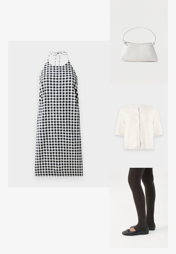 Kremfarvet strikket cardigan med korte ærmer, rund hals og fem knapper foran mod en ensartet lys baggrund.; Halterneck kjole i sort og hvid ternet mønster, med en afslappet pasform og bånd bag på nakken. Letvægtsstof.; Ben iført mørke ribbede leggings kombineret med sorte balletsko med små sløjfedetaljer på hvid baggrund.; Hvid fletlæderhåndtaske med afrundet håndtag og ender på remmen, der er knyttet, vist mod en ensfarvet baggrund.