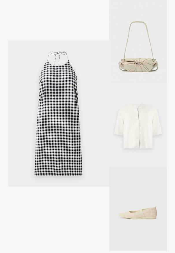 Kremfarvet strikket cardigan med korte ærmer, rund hals og fem knapper foran mod en ensartet lys baggrund.; Halterneck kjole i sort og hvid ternet mønster, med en afslappet pasform og bånd bag på nakken. Letvægtsstof.; Lysebrune ballet flats med en glat læderoverflade, mandelformet tå og elastisk rem over vristen, med diskrete syninger.; Beige skuldertaske i læder med samlet design og sølv spænde, der har en lang rem og polstret håndtag.