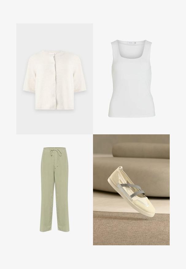 Kremfarvet strikket cardigan med korte ærmer, rund hals og fem knapper foran mod en ensartet lys baggrund.; Hvid ærmeløs tanktop med firkantet udskæring, glat tekstur og tætsiddende design. Fremstillet af letvægtsmateriale.; Lys grønne linnedbukser med elastisk talje, bred ben-design og sidelommer. Blød tekstur og enkle konstruktionsdetaljer.; Kremfarvet afslappet slip-on sko med to grå elastikstropper, rundet tå og hvid sål på beige tæppe og sofa baggrund.