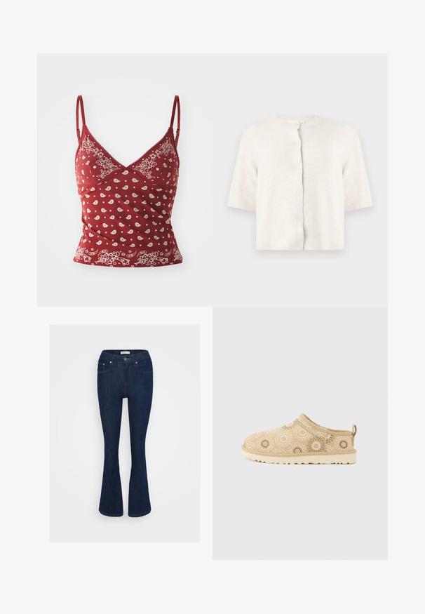 Kremfarvet strikket cardigan med korte ærmer, rund hals og fem knapper foran mod en ensartet lys baggrund.; Rød camisole med hvidt paisley mønster, justerbare stropper, v-udskæring og bølget kant. Fremstillet af blødt, let materiale.; Mørkeblå denim flared jeans med et klassisk fem-lomme design, metal knaplukning og syninger på lommerne.; Beige slip-on tøfler med blomsterbroderi i pink, hvid og grøn, med en tekstureret sål og en trækflig ved hælen.