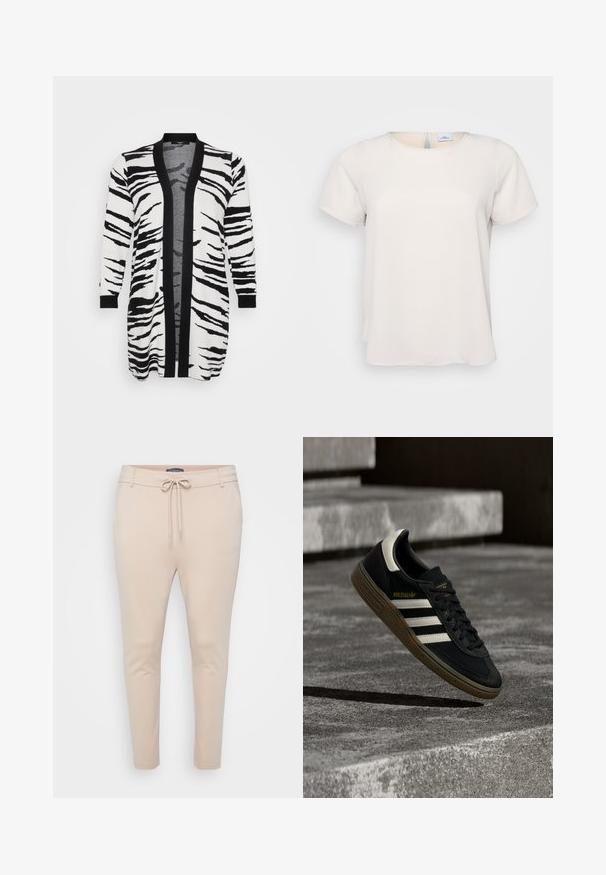 Lang cardigan med et sort-hvidt zebra-stribe mønster, med sort kant langs den åbne front og ærmerne. Struktureret stof.; Kortærmet, rundhalset top i lys beige stof med en glat tekstur; har en nøglehulsdetalje på ryggen og en afslappet pasform.; Beige letvægts joggerbukser med snoretræk i taljen og to sidelommer. Glat tekstur, tapered ben og minimalt sømadetail.; Sort Adidas-sneaker med hvide striber og gummisåler, svævende over grå betontrapper i naturligt lys.