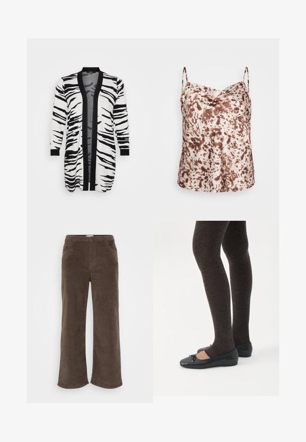 Lang cardigan med et sort-hvidt zebra-stribe mønster, med sort kant langs den åbne front og ærmerne. Struktureret stof.; Brun og cremeprikket satin camisole med tynde stropper og draperet udskæring, glat tekstur og en afslappet pasform.; Brune kordfløjlsbukser med et vidt ben-design, der har en knaplukning, bæltestropper og forlommer. Blød tekstur og ribbet stof.; Ben iført mørke ribbede leggings kombineret med sorte balletsko med små sløjfedetaljer på hvid baggrund.