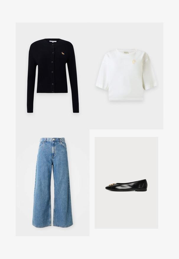 Zwarte lange mouwen knopen cardigan met geribbelde manchetten en zoom, met een klein oranje voslogo op de linkerborst.; Witte cropped T-shirt met korte mouwen en een kleine gele geborduurde "P" op de linkerborst.; Hoge taille lichtblauwe wijde spijkerbroek met knoop aan de voorkant, ritsluiting en voorzakken op een witte achtergrond.; Zwart leren platte schoen met puntige neus en klein gouden decoratief detail aan de voorkant, zijaanzicht op witte achtergrond.