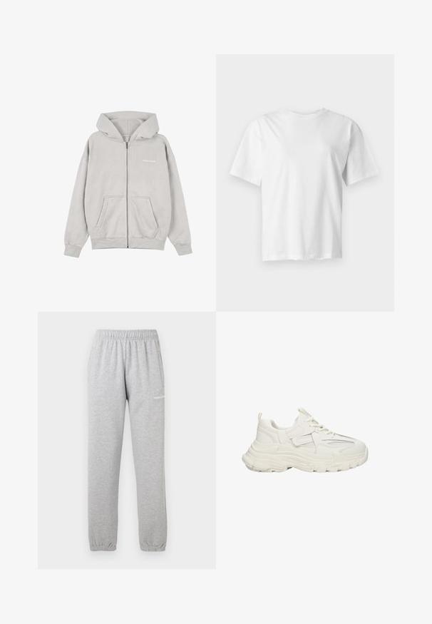 Hellgrauer Kapuzenpullover mit Reißverschluss, Vordertaschen und Kapuze, mit kleinem weißem Textlogo auf der linken Brust.; Schlichtes weißes Kurzarm-T-Shirt mit Rundhalsausschnitt, flach auf einem hellgrauen Hintergrund dargestellt.; Graue Sweatpants aus weichem Material, mit einem elastischen Bund, Bündchen an den Knöcheln und einer Seitentasche. Logo auf dem linken Oberschenkel aufgedruckt.; Klüpfige weiße Sneakers mit Obermaterial aus strukturiertem Gewebe und Netzdetails, dicker Gummisohle, runder Zehenpartie und dekorativen Akzenten an den Seiten.
