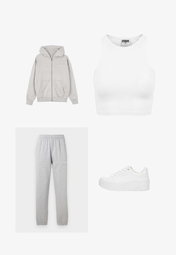 Lichtgrijze zip-up hoodie met voorzakken en capuchon, met klein wit tekstlogo op de linkerborst.; Witte geribde cropped tanktop met hoge halslijn en "Urban Classics XS" label aan de binnenkant van de kraag.; Grijze joggingbroek van zachte stof, met een elastische tailleband, geribbelde enkels en een zijzak. Logo gedrukt op de linkerdij.; Witte plateau sneaker met veters aan de voorkant, geperforeerde zijkanten en dikke zool, weergegeven vanaf de buitenkant op een witte achtergrond.