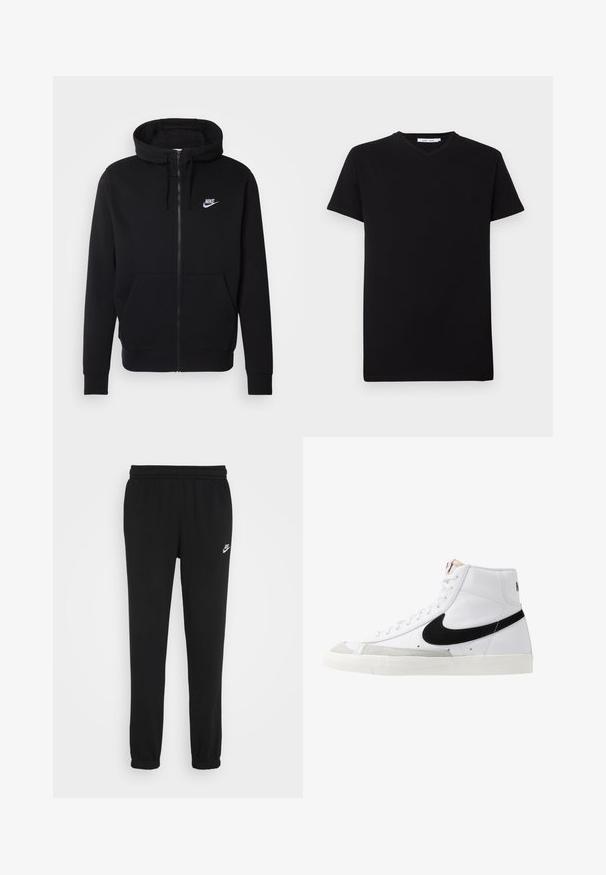 Sort hættejakke med lynlås lavet af blødt stof, med en lomme foran, snøre i hætten og hvidt Nike-logo på brystet.; Sort bomulds T-shirt med korte ærmer og V-hals. Simpelt design, ensfarvet og blød tekstur. Ingen synlige mønstre eller detaljer.; Sorte sweatpants med elastisk talje, ribbede ankler og et lille hvidt Nike-logo på venstre side. Fremstillet af blødt strukturstof.; Hvide høje sneakers med et sort swoosh, struktureret grå tåhætte og flad hvid sål. Har seks snørrehuller og syede detaljer.