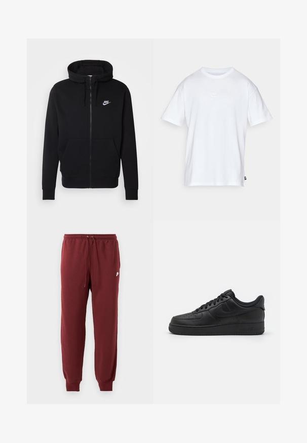 Zwarte rits hoodie van zachte stof, met een voorzak, trekkoord capuchon en wit Nike-logo op de borst.; Witte katoenen t-shirt met korte mouwen en een ronde hals. Heeft een klein, subtiel Nike-logo op de borst en een zijlabel.; Bordeauxkleurige sweatpants van zachte stof, met een elastische tailleband met aantrekkoord en taps toelopende boorden, gemarkeerd met een klein wit logo.; Nike Sportswear AIR FORCE 1 07 FLYEASE - Sneakers laag - black