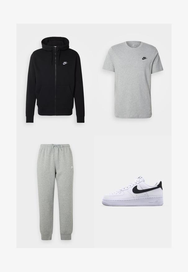Sort hættejakke med lynlås lavet af blødt stof, med en lomme foran, snøre i hætten og hvidt Nike-logo på brystet.; Grå kortærmet T-shirt i bomuld med et sort Nike-logo på brystet og rund halsudskæring. Minimalistisk design uden mønstre.; Grå joggingbukser lavet af blødt stof, med elastisk talje med snøre, tilspidsede ben og en lille hvid logo på siden.; Hvide lædersneakers med en struktureret sort Swoosh, flade snørebånd og en gummisål med et rillemønster. "AIR" er præget på hælen.