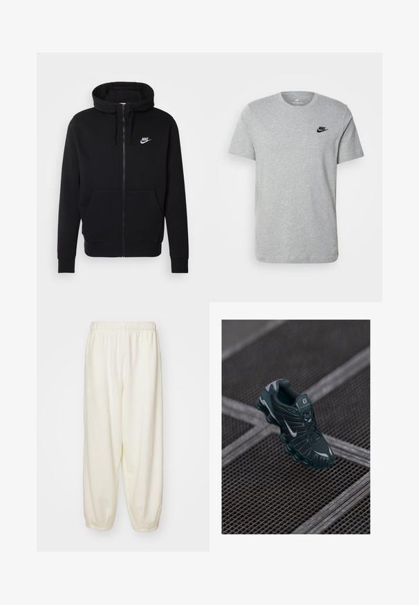 Sudadera negra con cremallera hecha de tela suave, que cuenta con un bolsillo frontal tipo pouch, capucha con cordón y el logotipo blanco de Nike en el pecho.; Camiseta de manga corta gris de algodón, con un logo negro de Nike en el pecho y un cuello redondo. Diseño minimalista sin patrones.; Pantalones de chándal color crema hechos de una tela suave, con una cintura elástica y puños ajustados, de ajuste relajado y sin patrones visibles.; Zapatilla Nike Shox de color verde oscuro con parte superior de malla, acentos de goma y suela acolchada distintiva. Logo de Nike en plata en el lateral. Detalles texturizados visibles.