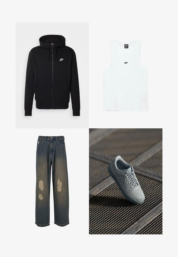 Zwarte rits hoodie van zachte stof, met een voorzak, trekkoord capuchon en wit Nike-logo op de borst.; Witte mouwloze geribbelde tanktop met klein zwart logo in het midden van de borst en zwart label binnenin de halslijn.; Verbleekte blauwe denim jeans met een wijde pijp, voorzien van versleten plekken en rafelige randen. Metalen knoop- en ritssluiting, met voorzakken.; Grijze leren sneaker met geperforeerde neus, platte veters, gevoerde kraag en gestructureerde rubberen zool. Heeft een subtiele merkdetails.