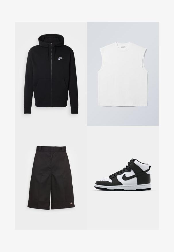 Sort hættejakke med lynlås lavet af blødt stof, med en lomme foran, snøre i hætten og hvidt Nike-logo på brystet.; Hvid ærmeløs bomulds top med rund hals og markerede skulderpartier, mærket "WEEKDAY" på halsmærket, vist på lys grå baggrund.; Sort bomuldsbukser med lige snit, knælange, med et synligt mærkelogo på kanten og en glat overflade.; Sort og hvid høj-top sneakers med læderoverdel, perforeret tåboks, fremtrædende swoosh-logo og struktureret gummisål.