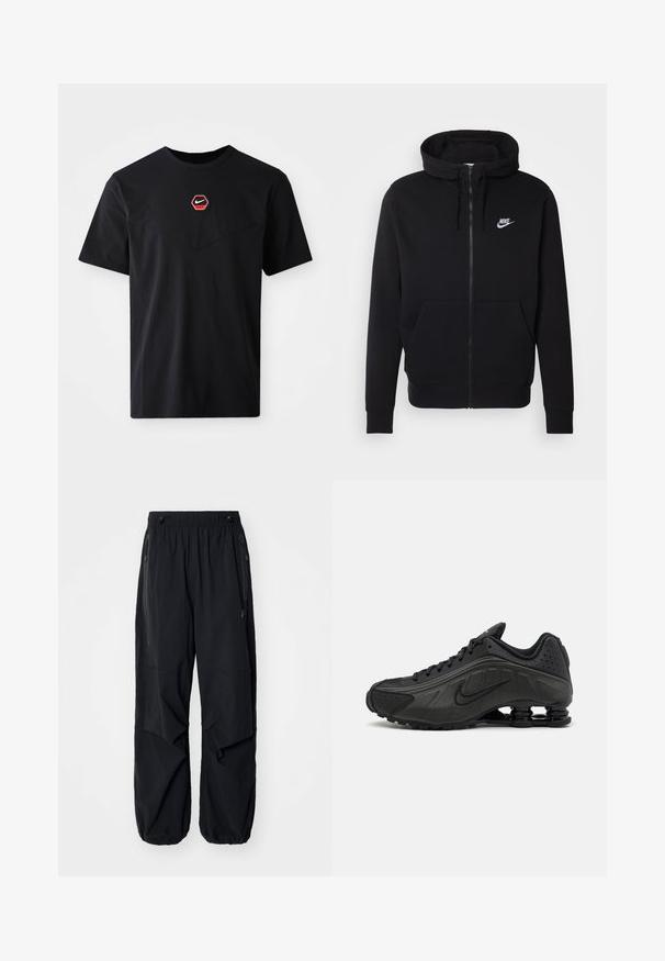 Sort hættejakke med lynlås lavet af blødt stof, med en lomme foran, snøre i hætten og hvidt Nike-logo på brystet.; Sort kortærmet T-shirt i bomuld med et sekskantet rødt og hvidt Nike-logo på brystet og en rund halsudskæring.; Sorte letvægts cargo bukser med elastisk talje, sidelommer med lynlås og rummelige lommer. Har en løs pasform og tapered cuffs.; Sorte løbesko med en glat syntetisk overdel, perforerede detaljer, teksturerede sidedele og en distinkt fjedrende sål.