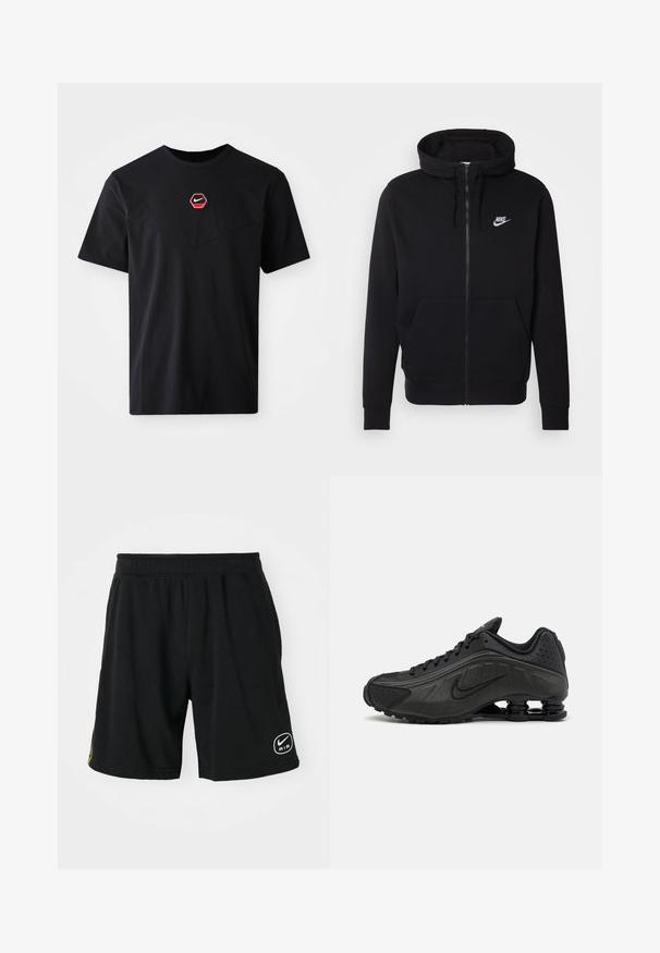 Schwarze Zip-Hoodie aus weichem Material, mit einer vorderen Kängurutasche, verstellbarem Kapuzenzug und weißem Nike-Logo auf der Brust.; Schwarzes kurzärmeliges T-Shirt aus Baumwolle mit einem sechseckigen roten und weißen Nike-Logo auf der Brust und einem abgerundeten Ausschnitt.; Schwarze Sportshorts aus weichem Material, mit einem elastischen Bund, Logodetail und kontrastierenden gelben Streifen an den Seiten.; Schwarze Laufschuhe mit einem glatten synthetischen Obermaterial, durchbrochenen Akzenten, strukturierten Seitenpaneelen und einer ausgeprägten federnden Sohle.