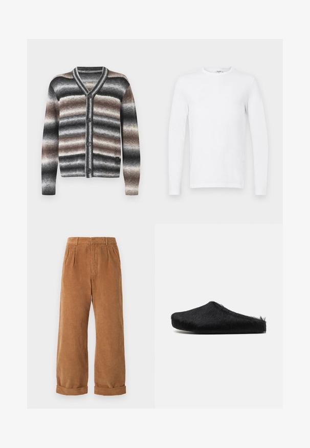 Cárdigan de cuello en V con rayas horizontales en negro, gris y marrón. Dos botones en el frente, puños acanalados y textura suave de punto.; Camisa de cuello redondo blanca de manga larga, mostrada sobre un fondo gris claro y plano.; Pantalones de sarga marrones con un diseño de pierna ancha, que presentan pliegues frontales y dobladillos enrollados. La tela tiene una apariencia texturada y con estrías.; Marni Sandalias planas - black
