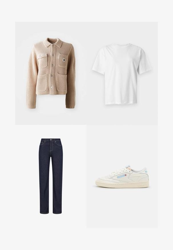 Veste en tricot côtelé beige avec un col, deux poches poitrine et des boutons argentés. Présente un tissu texturé et un patch logo sur la poche.; T-shirt blanc uni à manches courtes et col rond, présenté à plat sur un fond gris clair.; Jean denim bleu foncé à coupe droite, avec poches avant, passants de ceinture et fermeture par bouton à la taille.; Baskets Reebok en cuir blanc cassé avec des accents bleu clair. Présentent une pointe perforée, des lacets plats et une semelle en caoutchouc texturé.