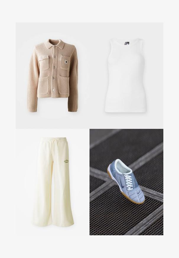 Beige ribbet strikjakke med krave, to brystlommer og sølvknapper. Har struktureret stof og et logo-patch på lommen.; Hvid ribbet tanktop med rund halsudskæring og ærmeløst design, lavet af en blød bomuldsblanding med en tætsiddende silhuet.; Cremefarvede sweatpants med vide ben, elastisk talje og justerbar snor. Broderet grønt "Athletic" tekst foran. Blødt materiale.; Lys blå denim sneaker med hvide snørebånd og mørkeblå accenter, med rund tå og gummirødsål. Tekstureret overflade med syningsdetaljer.