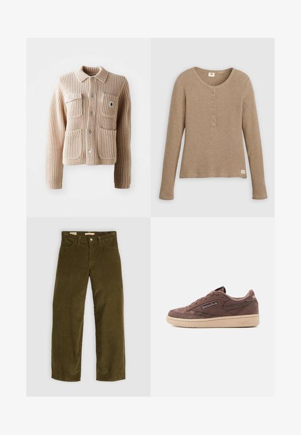 Beige geribbelde gebreide jas met een kraag, twee borstzakken en zilveren knopen. Heeft een gestructureerde stof en een logo patch op de zak.; Beige henleyshirt met lange mouwen en wafelstructuur, ronde hals en knoopsluiting met vijf knopen, plat weergegeven tegen een witte achtergrond.; Olijfgroene corduroy broek met een rechte pijpdesign, voorzien van voorzakken en een knoopsluiting, met een verticale ribstructuur.; Bruine suède Reebok lage sneaker met beige rubberen zool, vetersluiting en het merklogo op de zijkant en hiel, gezien vanuit het linkerpand.