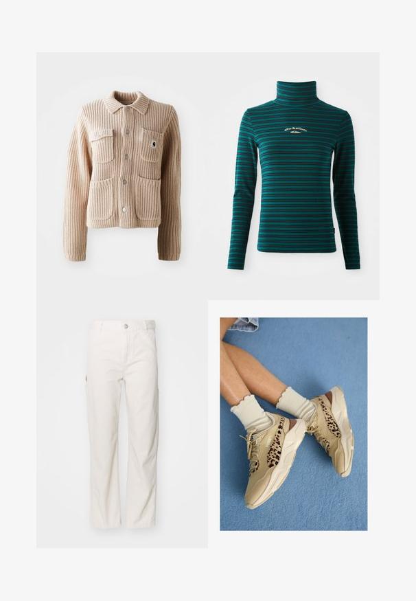 Chaqueta de punto acanalado beige con cuello con solapas, dos bolsillos en el pecho y botones plateados. Presenta un tejido texturizado y un parche con el logotipo en el bolsillo.; Top de cuello alto de manga larga en color teal con rayas horizontales en azul oscuro. Presenta un pequeño logo en blanco y dorado en el pecho. Tejido suave y elástico.; Pantalones cargo de algodón blancos con un diseño de pierna recta, que cuentan con bolsillos laterales y un cierre de botón en la cintura. Textura suave.; Piernas cruzadas con zapatillas Puma beige con rayas de estampado de leopardo y calcetines crema con volantes sobre una alfombra azul.