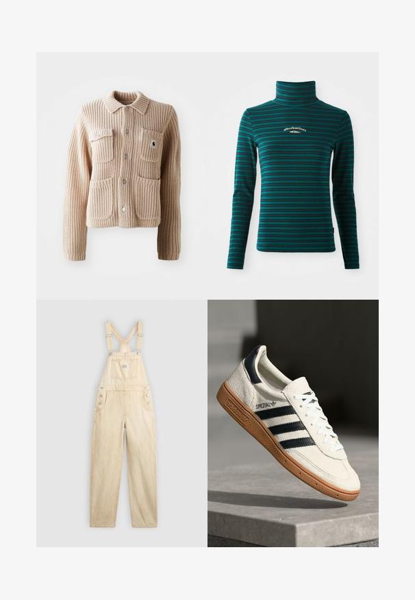 Chaqueta de punto acanalado beige con cuello con solapas, dos bolsillos en el pecho y botones plateados. Presenta un tejido texturizado y un parche con el logotipo en el bolsillo.; Top de cuello alto de manga larga en color teal con rayas horizontales en azul oscuro. Presenta un pequeño logo en blanco y dorado en el pecho. Tejido suave y elástico.; Overol de mezclilla en un tono beige claro, con un bolsillo cuadrado, tirantes ajustables, botones de presión en el lateral y corte de pierna ancha.; Zapatilla de ante blanca con franjas en azul marino, suela de goma, parte superior texturizada, puntera redonda y cordones; presenta una marca en el lateral y en la lengüeta.