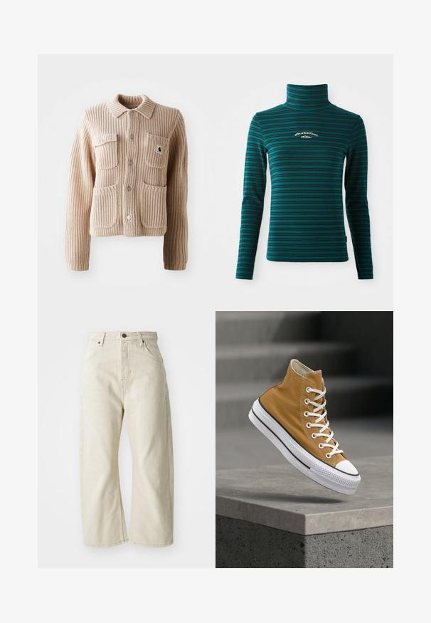 Beige ribbet strikjakke med krave, to brystlommer og sølvknapper. Har struktureret stof og et logo-patch på lommen.; Langærmet turtleneck top i teal med mørkeblå vandrette striber. Har et lille hvidt og guld logo på brystet. Blødt, strækbart stof.; Beige wide-leg jeans lavet af bomuldsdenim, med høj talje, fem lommer og en subtil falmet tekstur. Messingknap lukning.; Højtop-sneaker i sennepsgul lærred med hvide snørebånd, gummitåhætte og en tekstureret hvid sål med sorte striber.