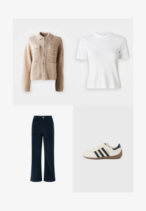 Veste en tricot côtelé beige avec un col, deux poches poitrine et des boutons argentés. Présente un tissu texturé et un patch logo sur la poche.; T-shirt blance à manches courtes en côte, avec un col rond et un petit logo sur la poitrine. Fabriqué en tissu doux avec une coupe ajustée.; Pantalons en velours côtelé bleu marine avec taille haute, coupe large, deux poches arrière et fermeture à bouton devant. Texture douce avec une finition lisse.; Baskets blanches Adidas avec des rayures noires, une semelle texturée marron, et le lettrage doré "SPEZIAL" sur le côté, vues du côté extérieur.