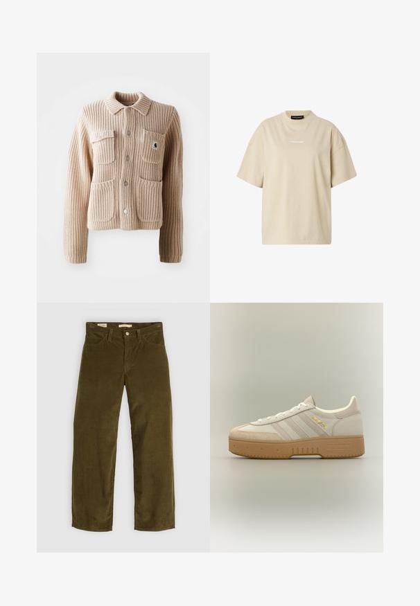 Beige ribbet strikjakke med krave, to brystlommer og sølvknapper. Har struktureret stof og et logo-patch på lommen.; Beige oversized T-shirt med korte ærmer, rund hals og lille hvid "REGARD"-logo centreret på brystet.; Oliven grøn corduroy bukser med lige ben design, der har forlommer og knaplukning, med en vertikal ribbet tekstur.; Krem- og beige Adidas-sneaker med gummisål, tre striber på siden og "SPECIAL" skrevet i guld nær snørebåndene.