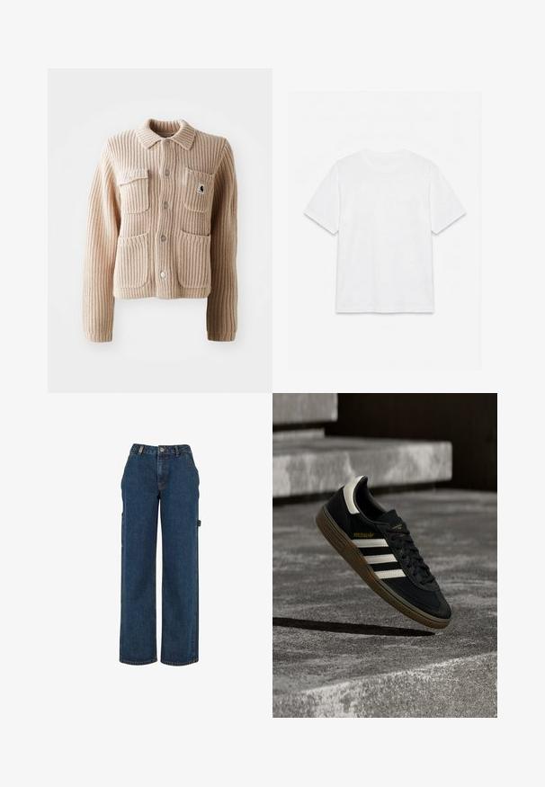 Beige ribbet strikjakke med krave, to brystlommer og sølvknapper. Har struktureret stof og et logo-patch på lommen.; Hvid ensfarvet t-shirt med korte ærmer og rund hals, lagt fladt på en hvid baggrund.; Mørkeblå denim cargobukser med højtaljet, vidde-ben design og sidelommer. Har synlige syninger og metalhardware-detaljer.; Sort Adidas-sneaker med hvide striber og gummisåler, svævende over grå betontrapper i naturligt lys.