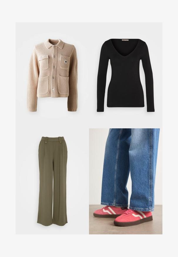 Beige ribbivarmistuvalla takilla, jossa on kauluskangas, kaksi rintataskua ja hopeanväriset napit. Ominaisuuksina karhea kangas ja logo-patch taskussa.; Mustat pitkät hiharat V-pääntie-toppi, joka on valmistettu pehmeästä, joustavasta kankaasta. Ominaisuuksina on tiukka siluetti ja siisti helma, ilman lisäkoristeita.; ONLY ONLSANIA BUTTON PANT - Housut - kalamata; Vaaleanpunaiset mokkasiinivartiset lenkkarit, joissa on valkoiset aaltoilevat raidat ja ruskeat kumipohjat. Ne on yhdistetty vaaleansinisiin leveisiin farkkuihin.