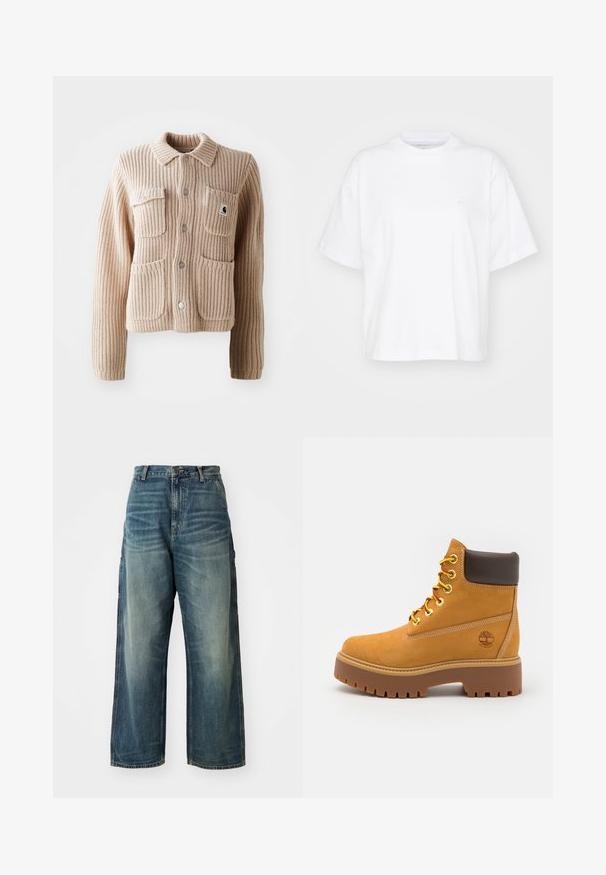 Beige geribbelde gebreide jas met een kraag, twee borstzakken en zilveren knopen. Heeft een gestructureerde stof en een logo patch op de zak.; Witte katoenen t-shirt met een ronde hals, korte mouwen en een ontspannen pasvorm. Heeft een subtiel logo op het linkerborstgedeelte. Zachte textuur.; Wijd uitgesneden denim jeans in een vervaagde blauwe wassing. Bevat een knoopsluiting, vijf zakken en zichtbare stiksels. Materiaal heeft een zachte textuur.; Tan waterdichte enkelboot met een stevige rubberen zool, ronde neus, bruine leren kraag, gele veters en een logo aan de zijkant.