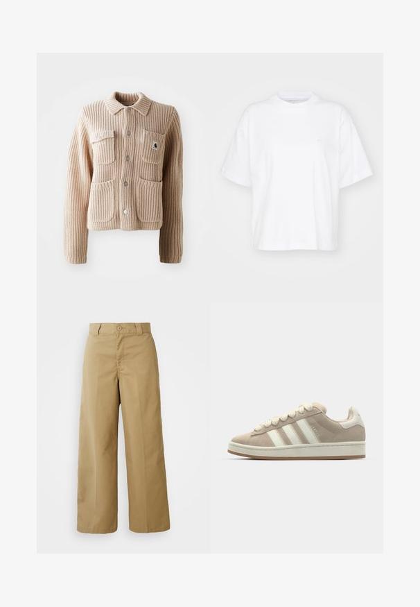 Chaqueta de punto acanalado beige con cuello con solapas, dos bolsillos en el pecho y botones plateados. Presenta un tejido texturizado y un parche con el logotipo en el bolsillo.; Camiseta de algodón blanca con cuello redondo, mangas cortas y un corte relajado. Presenta un logo sutil en el área del pecho izquierdo. Textura suave.; Pantalones de pierna ancha beige, confeccionados en una mezcla de algodón, con cierre de botón, trabillas para cinturón y bolsillos delanteros.; Zapatillas de ante marrón con rayas y cordones de cuero blanco, suela de goma, cuello acolchado y detalles texturizados en la parte superior.