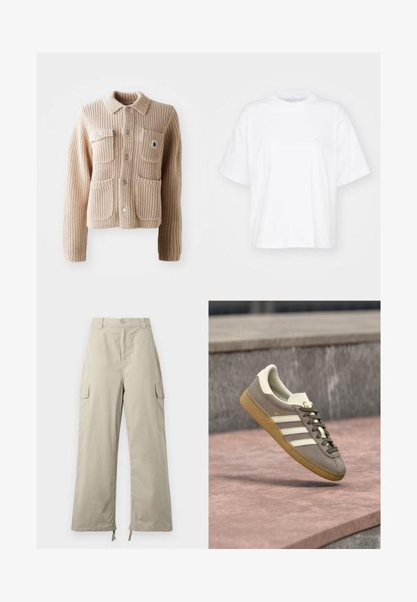 Beige ribbet strikjakke med krave, to brystlommer og sølvknapper. Har struktureret stof og et logo-patch på lommen.; Hvid bomulds t-shirt med rund hals, korte ærmer og en afslappet pasform. Har et diskret logo på venstre brystområde. Glat tekstur.; Lys beige cargo bukser med en afslappet pasform, der har knaplukning, sidelommer og justerbar kant med snore. Glat stoftekstur.; Lysebrun ruskinds Adidas-sneaker med hvide striber og gummisål, svævende over lyserøde stentrapper udendørs.