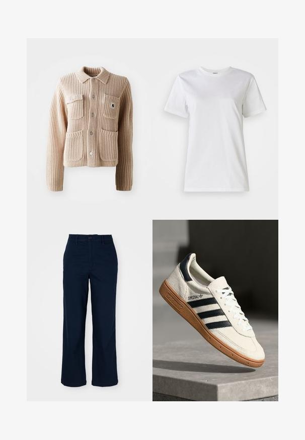 Beige ribbet strikjakke med krave, to brystlommer og sølvknapper. Har struktureret stof og et logo-patch på lommen.; Hvid bomulds t-shirt med rund hals og korte ærmer. Stoffet er glat med en blød tekstur og uden synlige mønstre eller detaljer.; Mørkeblå bredbenede bukser lavet af bomuld med knaplukning, forlommer og diskrete syninger. skræddersyet snit for komfort.; Hvide ruskinds sneakers med marineblå striber, gummisål, struktureret overdel, rund tå og snøring; har branding på siden og tungen.