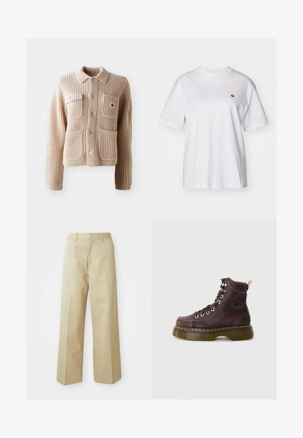 Beige geripptes Strickjacke mit Kragen, zwei Brusttaschen und silbernen Knöpfen. Sie hat einen strukturierten Stoff und einen Logo-Patch auf der Tasche.; Weißes Baumwoll-T-Shirt mit lockerem Schnitt, kurzen Ärmeln und einem kleinen gestickten Logo auf der linken Brustseite.; Beige weite Hose aus Baumwolle mit glatter Textur. Verfügt über einen geraden Schnitt, Gürtelschlaufen und Fronttaschen.; Braune Leder-Ankle-Boots mit strukturierten Oberflächen, silbernen Ösen und gelben Nähten. Verfügt über eine robuste, transparente Sohle und eine Zuglasche.