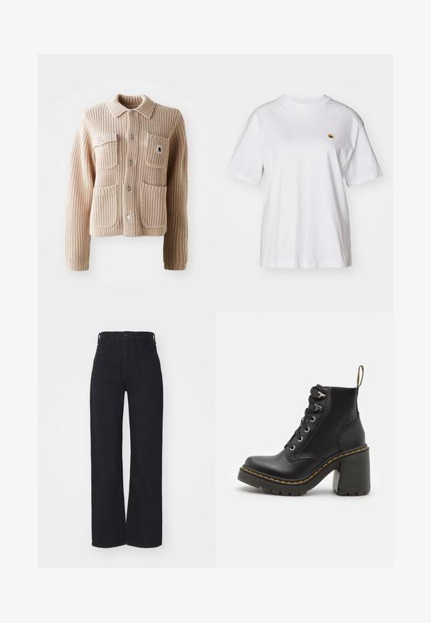 Veste en tricot côtelé beige avec un col, deux poches poitrine et des boutons argentés. Présente un tissu texturé et un patch logo sur la poche.; T-shirt en coton blanc avec une coupe décontractée, des manches courtes et un petit logo brodé sur la poitrine gauche.; Jeans noirs taille haute à jambes larges avec fermeture à bouton et zip à l'avant, passants de ceinture et deux poches avant sur fond blanc.; Bottine en cuir noir avec un talon haut chunky, un laçage à l'avant, des œillets en métal et une couture jaune le long de la semelle. Semelle en caoutchouc texturé.