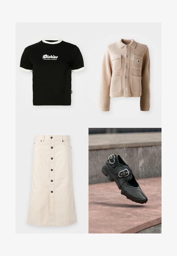 Chaqueta de punto acanalado beige con cuello con solapas, dos bolsillos en el pecho y botones plateados. Presenta un tejido texturizado y un parche con el logotipo en el bolsillo.; Camiseta de algodón negra con cuello y bordes de mangas de canalé blancos. Presenta en la parte frontal un texto de logo blanco: "Dickies Workwear Company". Mangas cortas.; Falda vaquera beige hasta la rodilla con botones negros en la parte frontal, trabillas para cinturón y bolsillos laterales sobre un fondo blanco liso.; Zapato negro de punta partida con dos hebillas plateadas, suela gruesa y detalles perforados, flotando sobre una superficie de piedra.