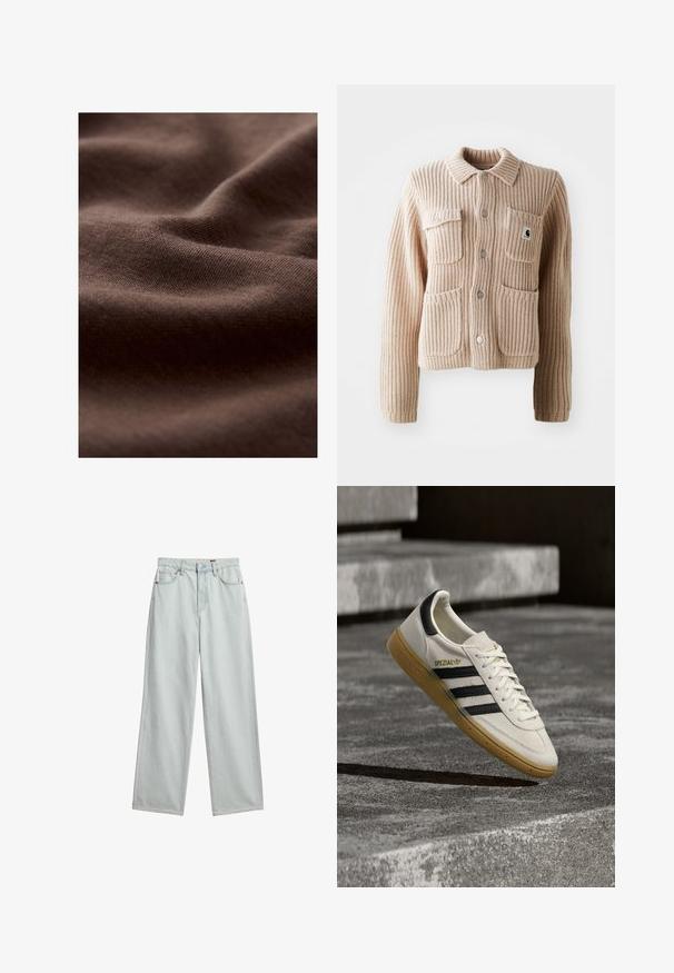 Beige ribbet strikjakke med krave, to brystlommer og sølvknapper. Har struktureret stof og et logo-patch på lommen.; Nærbillede af blødt, brunt strikket stof med synlig tekstur og blide folder, der skaber lys- og skyggevariationer.; Lyseblå jeans med vide ben, frontknap og lynlås, bæltestropper og femlomme-design.; Hvid Adidas Spezial sneaker med sorte striber og gummisål, svævende over grå stentrin udendørs.